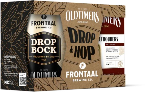 Frontaal OLDTIMER ZOETHOUDERS Dropbock 7,5% Bock 33cl can 