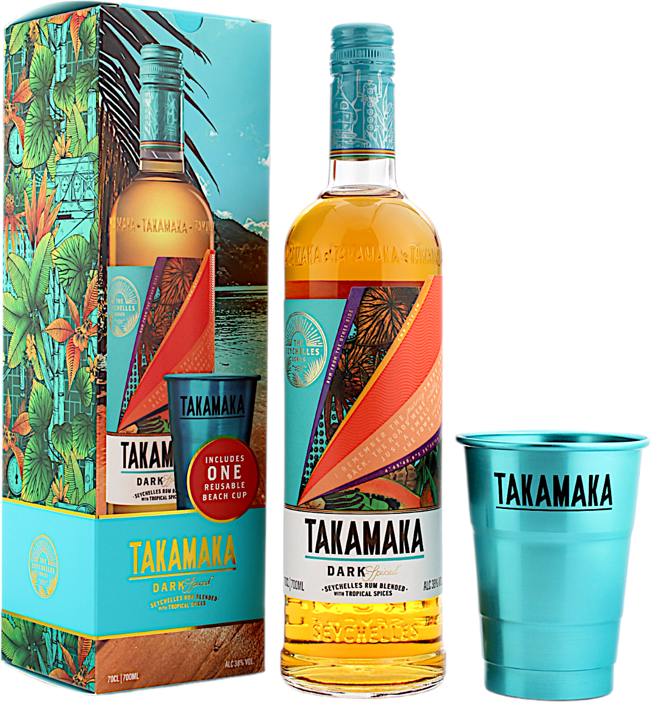 TAKAMAKA Dark Spiced Rum 38% giftpack met beach cup 70cl